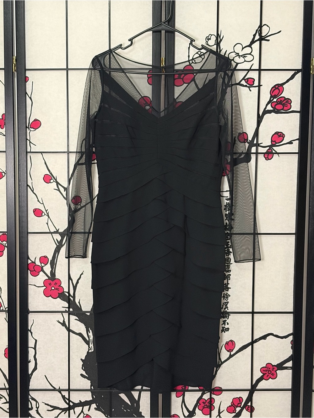 Adrianna Papell Black Layered Mesh-Sleeve Sheath Dress